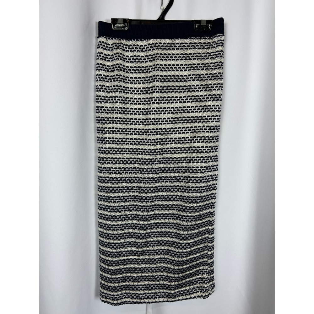 Zara Navy White Textured Woven Knit Midi Pencil Skirt Small Boho Y2K Chic